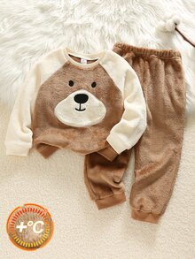 SHEIN 2pcs Baby Boy Cartoon Bear Print Thermal Lined Pullover Sweatshirt & Autumn Pants Set - Brown - View 3