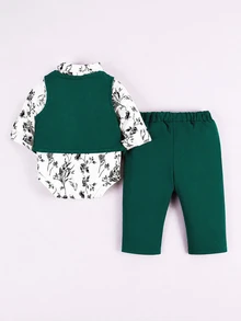 Souflis Souflis 3pcs Baby Boy Gentleman Suit, Long Sleeve Vest Jacket Set, Autumn Winter - Dark Green - View 3