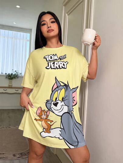 TOM & JERRY X SHEIN Damen-Nachthemd in großen Größen mit Cartoon-Muster, Rundhalsausschnitt und Kurzarm, lässig