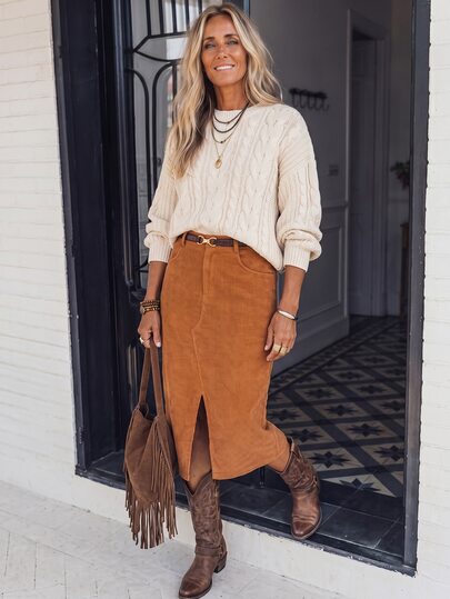 LanaWest Women's Autumn Bohemian Elegant 70s Vintage Country Style Corduroy Skirt Brown High Waist Slit Straight Soft Outdoor Daily Everyday Brunch Work Date