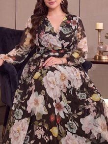 Modelyn Plus Size Women's Fashion Simple Elegant Cinched Waist Flattering Flare Dress - Coffee Brown - View 3