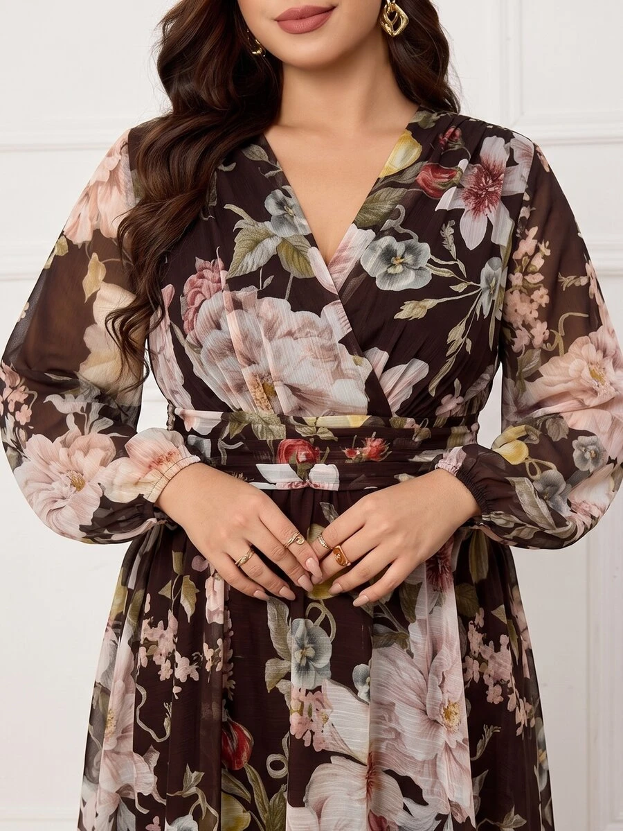Modelyn Plus Size Women's Fashion Simple Elegant Cinched Waist Flattering Flare Dress - Coffee Brown - View 1