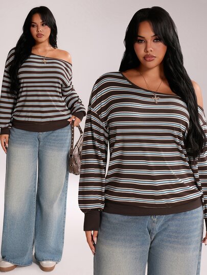 Rustia Camiseta/Sudadera de mujer marrón a rayas vintage romántica con textura acanalada, manga larga, fruncida, corta y holgada - Adecuada para uso diario, regreso a la escuela, fiesta de cumpleaños, top a rayas, ropa de casa y de trabajo, uniforme de trabajo, camisa polo de manga corta con botones a rayas vintage para mujer, cita romántica y reunión de Acción de Gracias, camiseta casual y relajada de otoño