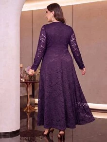 Modelyn Plus Size Women's Lace Ruched Elegant Waist-Cinching Party Dress - Purple - View 2