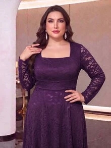 Modelyn Plus Size Women's Lace Ruched Elegant Waist-Cinching Party Dress - Purple - View 1