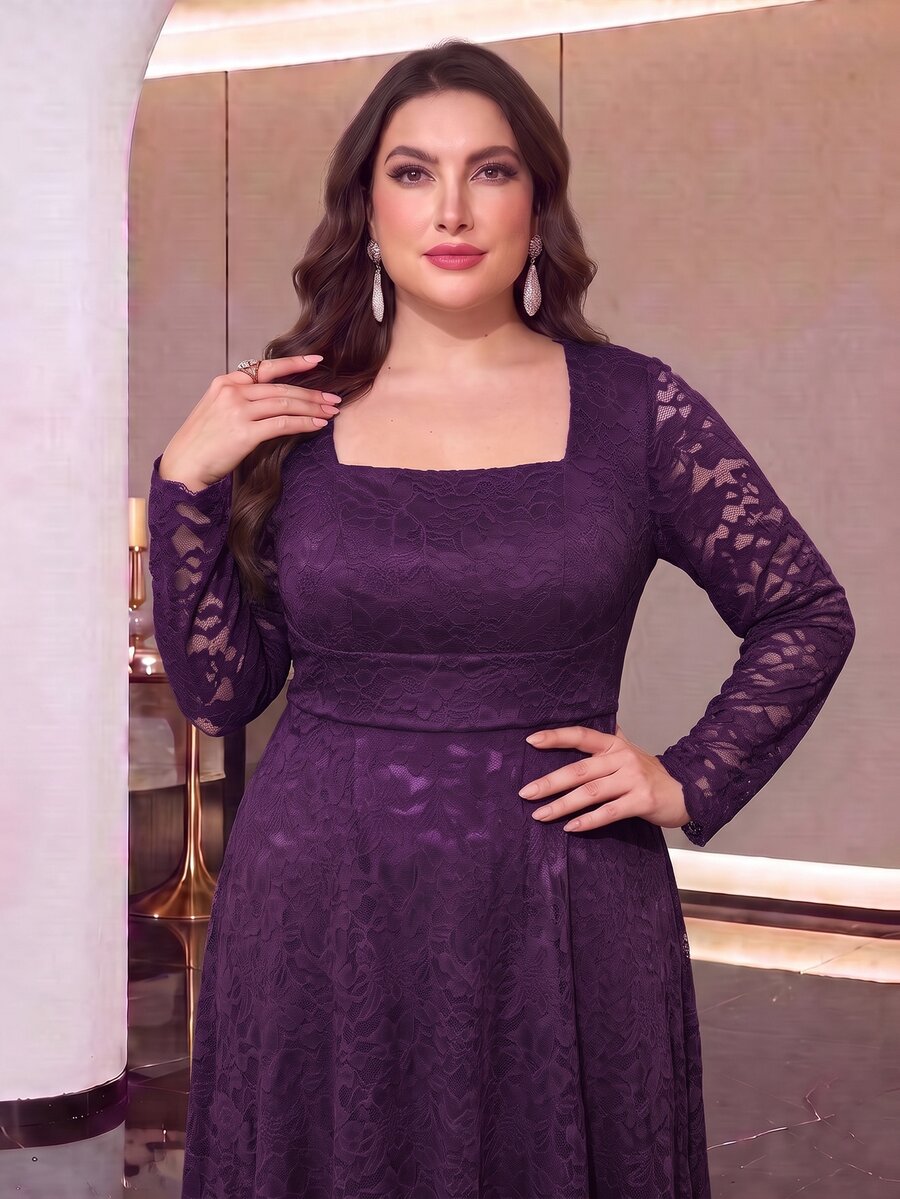 Modelyn Plus Size Women's Lace Ruched Elegant Waist-Cinching Party Dress - Purple - View 1