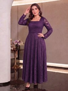 Modelyn Plus Size Women's Lace Ruched Elegant Waist-Cinching Party Dress - Purple - View 5