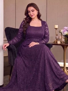 Modelyn Plus Size Women's Lace Ruched Elegant Waist-Cinching Party Dress - Purple - View 3