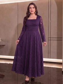 Modelyn Plus Size Women's Lace Ruched Elegant Waist-Cinching Party Dress - Purple - View 4