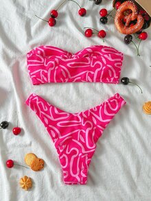 SHEIN Swim 女款夏季海灘扭結抓皺滿版印花比基尼與三角泳褲泳衣套裝 - 彩色 - 查看 4