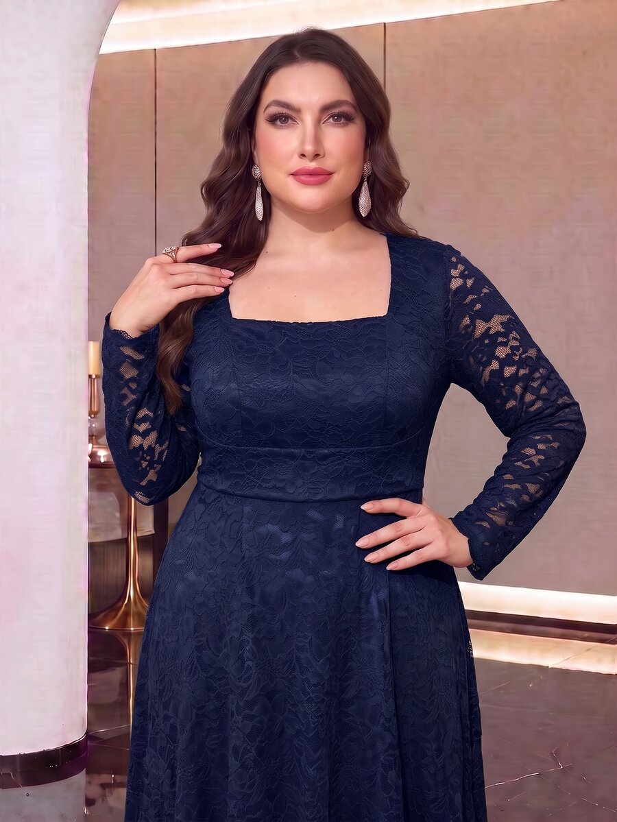 Modelyn Gaun Wanita Ukuran Plus Minimalis Elegan dengan Pinggang Ramping dan Model Mengembang - Navy Blue - View 1