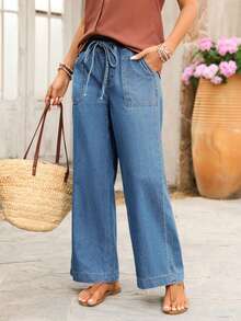 SHEIN PETITE Women's Loose Fit Vacation Elastic Waist Drawstring Casual Denim Jeans - Medium Wash - View 4