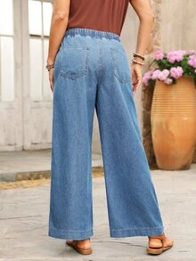 SHEIN PETITE Women's Loose Fit Vacation Elastic Waist Drawstring Casual Denim Jeans - Medium Wash - View 2