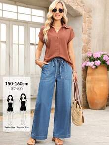 SHEIN PETITE Women's Loose Fit Vacation Elastic Waist Drawstring Casual Denim Jeans - Medium Wash - View 1