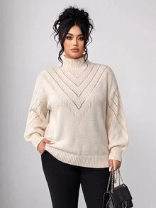 Elenzga 大尺碼女款秋季針織鏤空V領圖案上衣，休閒優雅百搭純色高領套頭毛衣，正式辦公白色 - 米色 - 查看 4