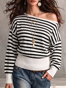 SHEIN Off-Shoulder Contrast Stripe Versatile Long Sleeve Pullover Sweater - Black and White - View 1