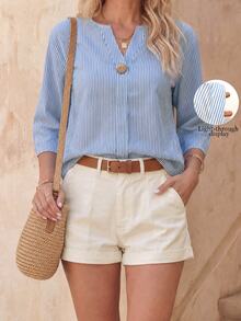 EMERY ROSE Women's Casual V-Neck 3/4 Sleeve Striped Cotton Shirt - Blue and White - View 3
