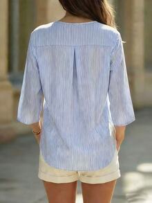 EMERY ROSE Women's Casual V-Neck 3/4 Sleeve Striped Cotton Shirt - Blue and White - View 2