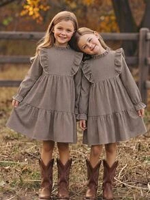 SHEIN Girls Dress Middle & Big Tween Girl 8-12Y Plaid Fabric Frill Trim Design - Khaki - View 1