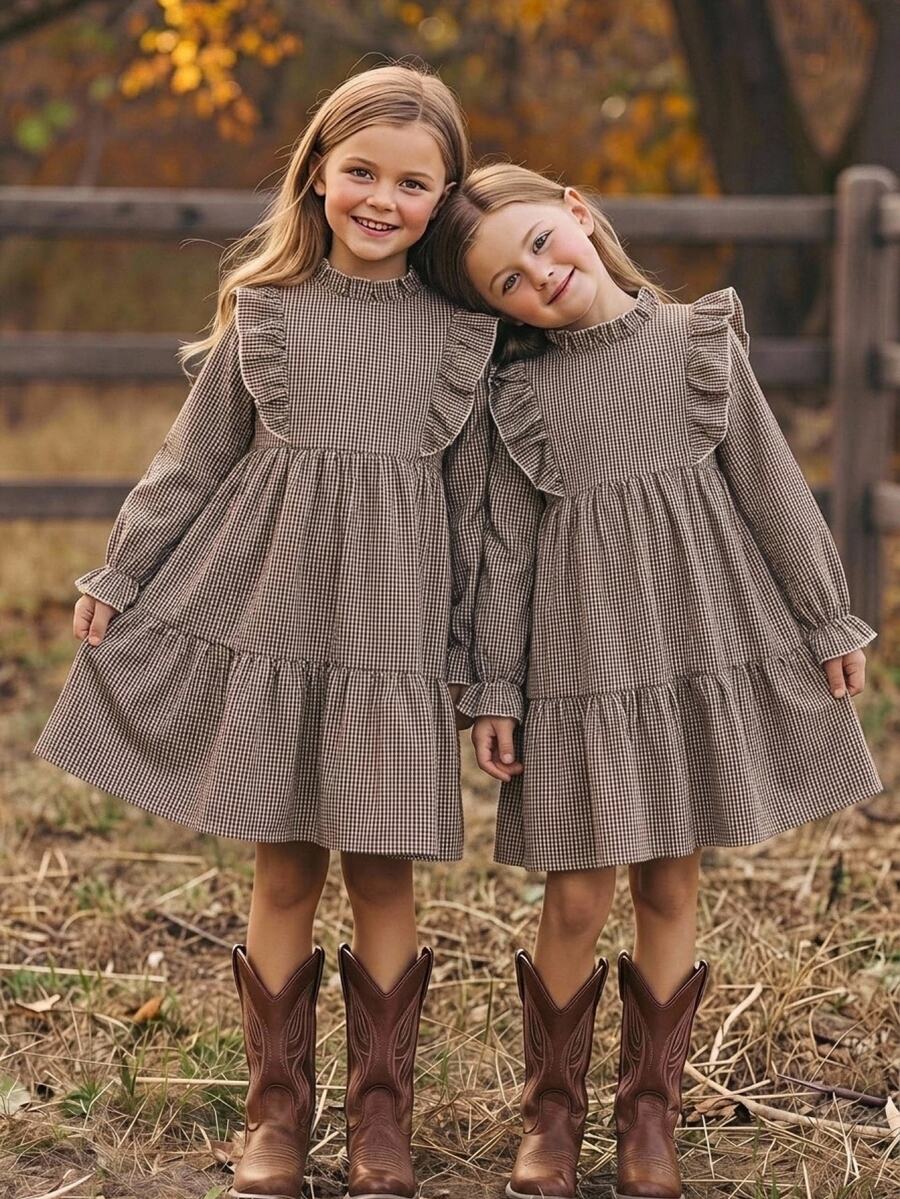 SHEIN Girls Dress Middle & Big Tween Girl 8-12Y Plaid Fabric Frill Trim Design - Khaki - View 1