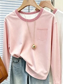 RosyDaze 女款外套上衣 春/秋季 柔粉色 條紋款 度假穿搭 教師節 女款長袖T恤 日常校園休閒 - 彩色 - 查看 1