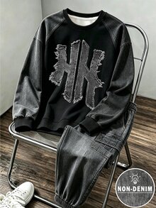 2件組小男孩時尚簡約舒適圓領衛衣與工裝褲套裝，簡約酷感英文字母滿版印花設計，適合假期派對聚會休閒舒適，小男孩春夏秋冬首選時尚休閒穿搭，春夏秋冬街頭風，休閒套裝，返校派對 - 黑色 - 查看 3