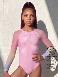 SHEIN Tween 女童运动服渐变色网眼长袖紧身衣，水钻装饰体操连体衣，四向弹力高弹力健身户外运动舞蹈瑜伽体操连体衣 - 粉色 - 查看 1