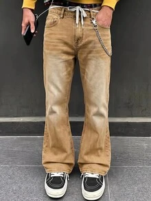 Manfinity RebelGame Men's Pocket Button Casual Streetwear Versatile Daily Travel Denim Jeans Vacation Brown Autumn - Brown - View 6