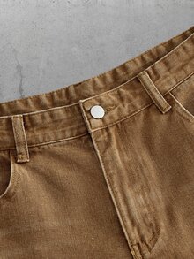 Manfinity RebelGame Men's Pocket Button Casual Streetwear Versatile Daily Travel Denim Jeans Vacation Brown Autumn - Brown - View 8