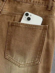 Manfinity RebelGame Men's Pocket Button Casual Streetwear Versatile Daily Travel Denim Jeans Vacation Brown Autumn - Brown - View 5