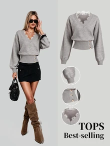 Sweetra Sweater Kancing Berkerah V Berenda Serbaguna dengan Pinggang yang Dikencangkan - Mocha Brown - View 5