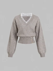 Sweetra Sweater Kancing Berkerah V Berenda Serbaguna dengan Pinggang yang Dikencangkan - Mocha Brown - View 1