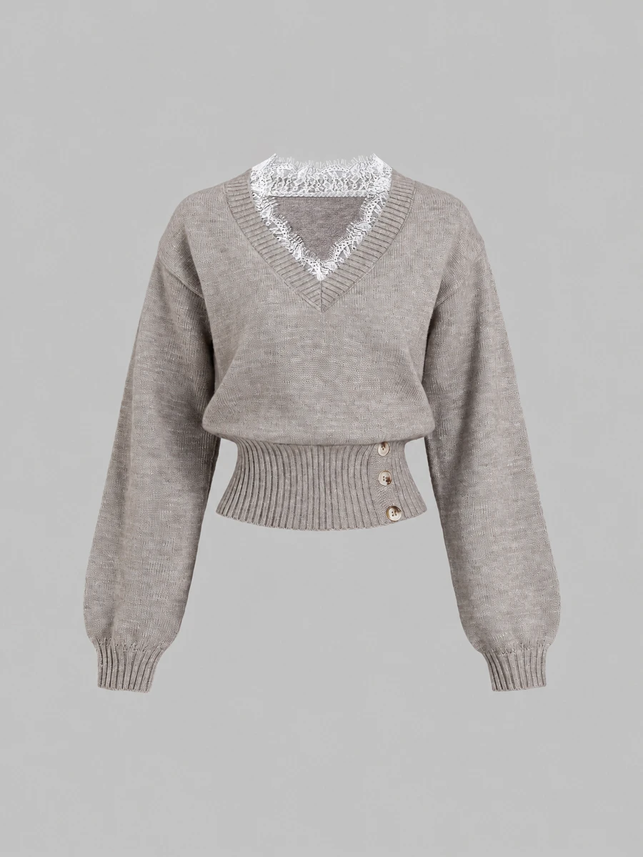 Sweetra Sweater Kancing Berkerah V Berenda Serbaguna dengan Pinggang yang Dikencangkan - Mocha Brown - View 1