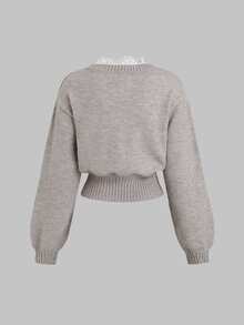 Sweetra Sweater Kancing Berkerah V Berenda Serbaguna dengan Pinggang yang Dikencangkan - Mocha Brown - View 2