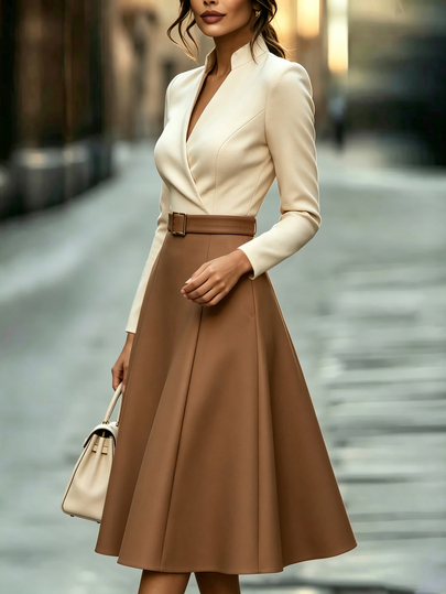 Balvessa Women's Spring/Autumn New Elegant Commuter Cinched Waist Metal Buckle Contrast Color Long Sleeve Dress