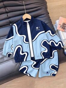 SHEIN Coolqubz 幼童男孩 2件組星星圖案抽象波浪拼接拉鍊夾克與短褲套裝，運動風秋季套裝，秋季服飾 - 藍色 - 查看 1