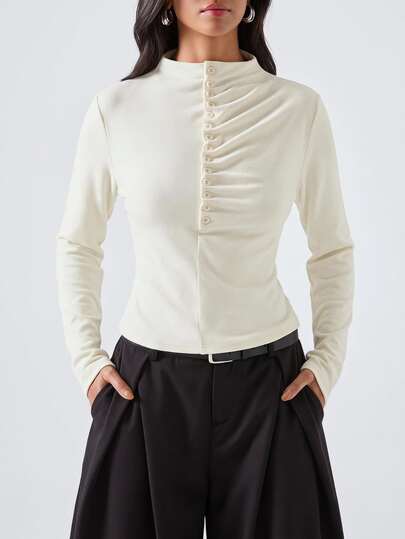 LYSMO Women's Solid Color Pleated Casual Elegant Versatile Daily Wear T-Shirt Office Off-White Autumn Clothes For Women