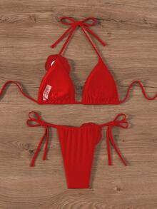 SHEIN Swim 女款夏季海灘純色3D花卉裝飾掛脖綁帶性感比基尼泳衣套裝 - 紅色 - 查看 3