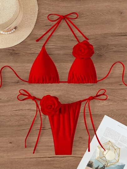 Swim Mod Women Summer Beach Solid Color 3D Floral Decor Halter Tie Sexy Bikini Swimwear Set