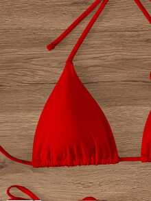 SHEIN Swim 女款夏季海灘純色3D花卉裝飾掛脖綁帶性感比基尼泳衣套裝 - 紅色 - 查看 4