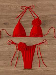 SHEIN Swim 女款夏季海灘純色3D花卉裝飾掛脖綁帶性感比基尼泳衣套裝 - 紅色 - 查看 6