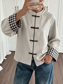 Louniche Jaket Lengan Panjang Kasual Serbaguna untuk Wanita dengan Motif Kotak-kotak dan Patchwork, Cocok untuk Penggunaan Sehari-hari - Aprikot - View 3