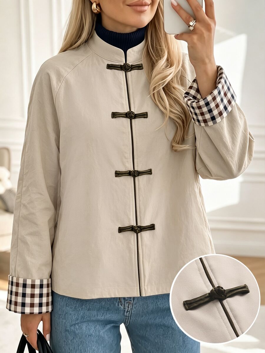 Louniche Jaket Lengan Panjang Kasual Serbaguna untuk Wanita dengan Motif Kotak-kotak dan Patchwork, Cocok untuk Penggunaan Sehari-hari - Aprikot - View 1