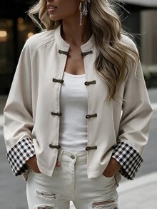 Louniche Jaket Lengan Panjang Kasual Serbaguna untuk Wanita dengan Motif Kotak-kotak dan Patchwork, Cocok untuk Penggunaan Sehari-hari - Aprikot - View 7