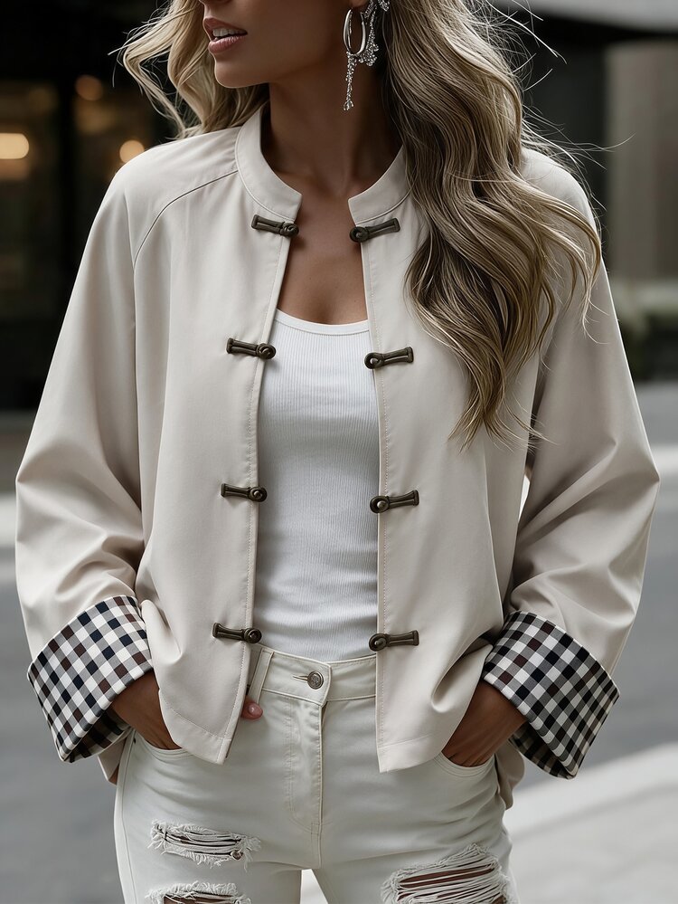 Louniche Women's Plaid Patchwork Casual Versatile Daily Long Sleeve Jacket - Apricot - View 7