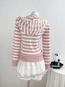 Elamini 女款灰色與黑色條紋長袖寬鬆羅紋拉鍊連帽外套，秋冬款，優雅甜美可愛教師風，畢業季，休閒戶外運動，百搭日常穿搭 - 粉色 - 查看 2
