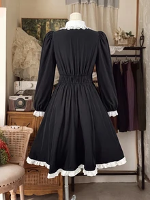 Sweetra Plus Size Sweet Lace Patchwork Contrast Color Gentle Dress - Black - View 2
