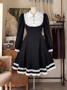 Sweetra Plus Size Sweet Lace Patchwork Contrast Color Gentle Dress - Black - View 4