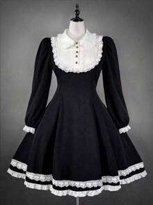 Sweetra Plus Size Sweet Lace Patchwork Contrast Color Gentle Dress - Black - View 1