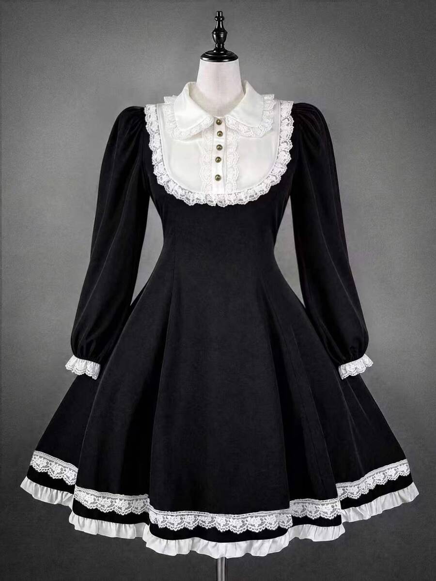 Sweetra Plus Size Sweet Lace Patchwork Contrast Color Gentle Dress - Black - View 1